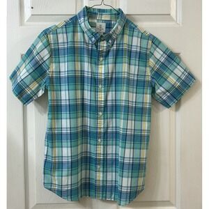 Land's End Button Up Short Sleeve Casual Dress Shirt Boys L (14-16) Plaid EUC